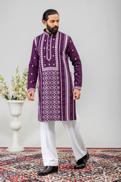 Royal Purple Embroidered Men’s Panjabi / Kurta