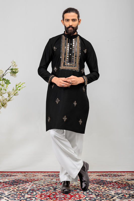 Royal Black Embroidered Men’s Kurta