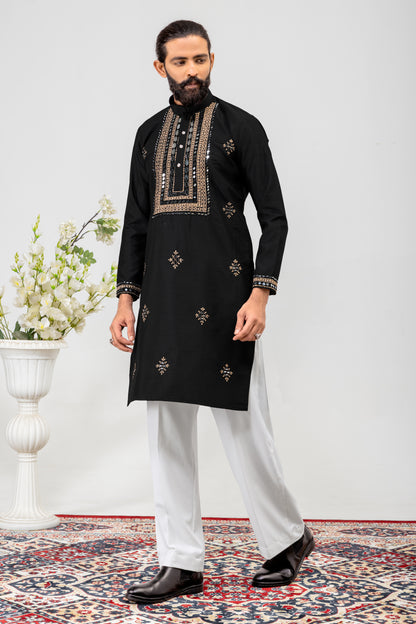 Royal Black Embroidered Men’s Kurta