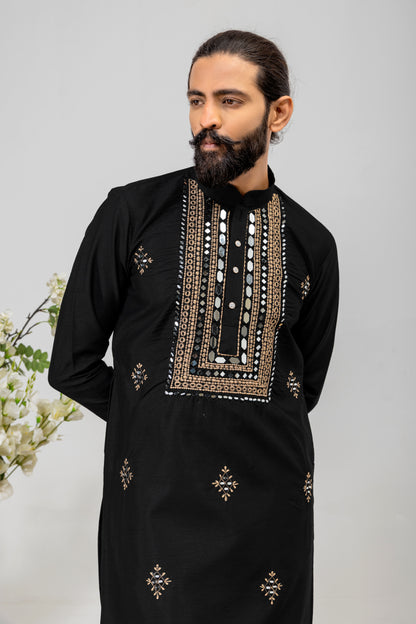 Royal Black Embroidered Men’s Kurta