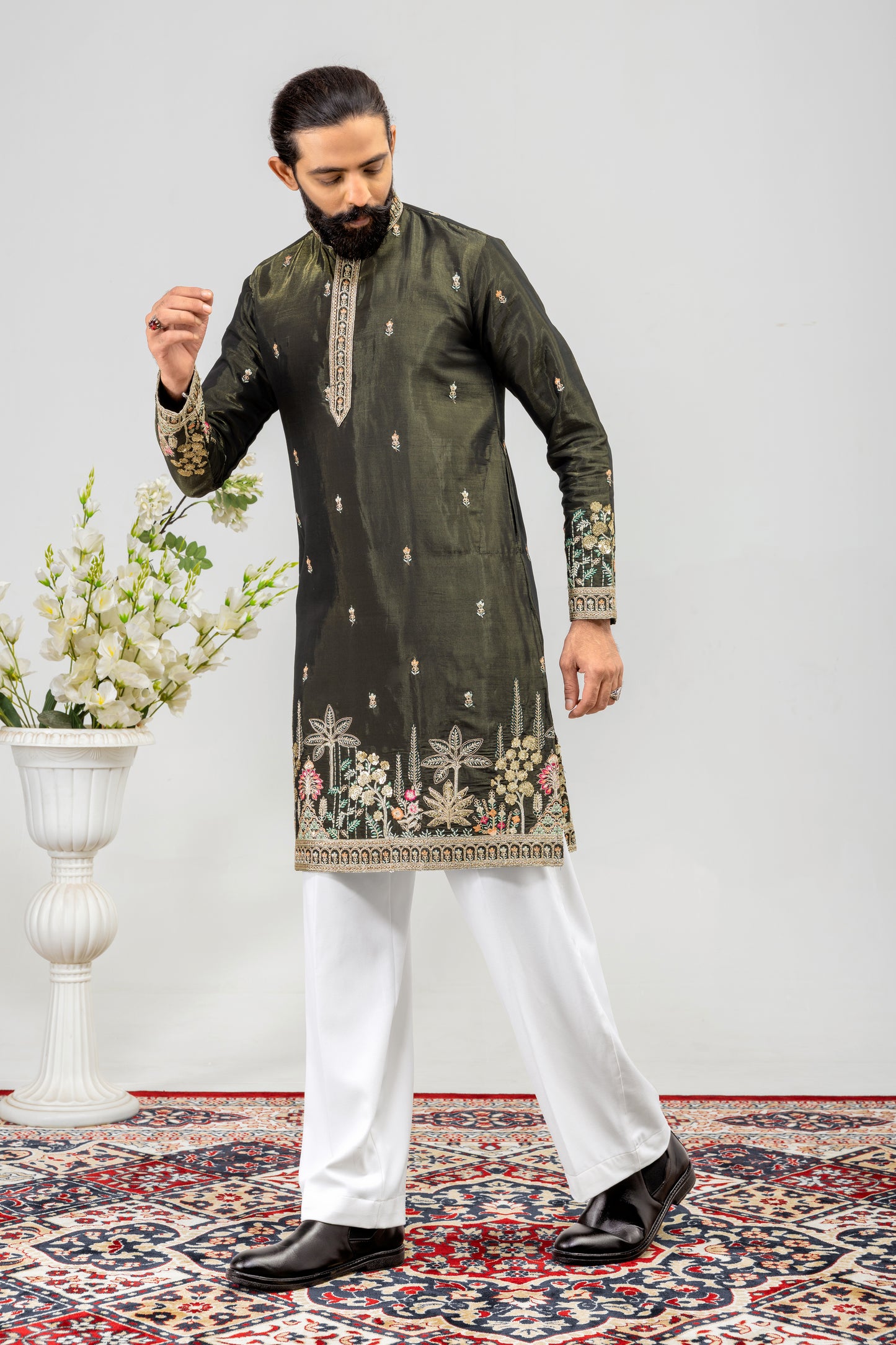 Luxury Olive Green Embroidered Men’s Kurta