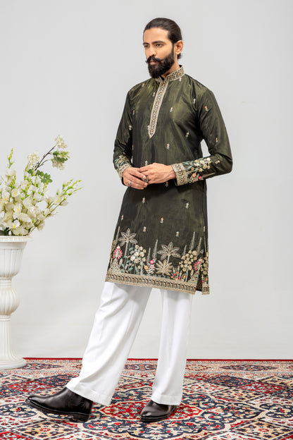 Luxury Olive Green Embroidered Men’s Kurta