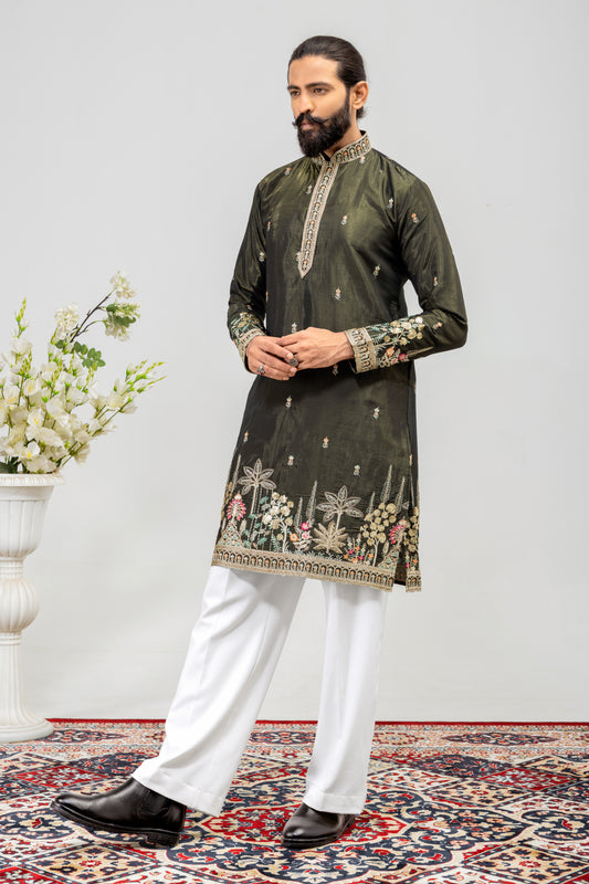 Luxury Olive Green Embroidered Men’s Kurta