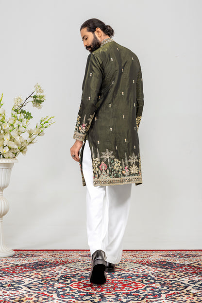 Luxury Olive Green Embroidered Men’s Kurta