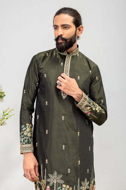 Luxury Olive Green Embroidered Men’s Kurta