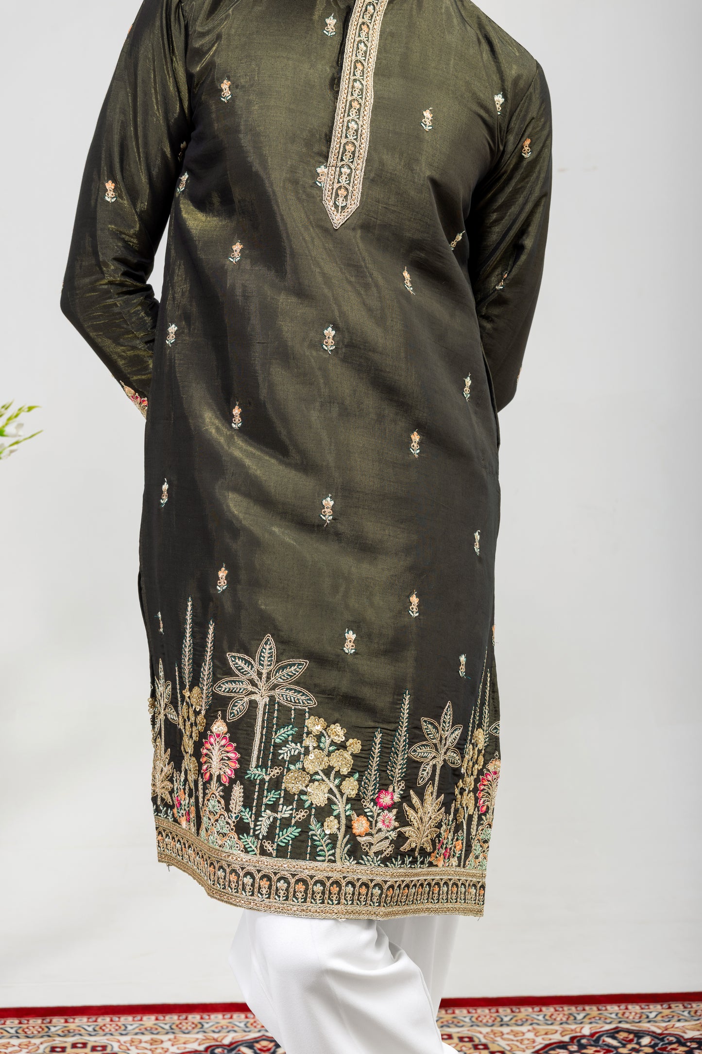 Luxury Olive Green Embroidered Men’s Kurta