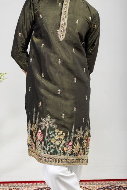 Luxury Olive Green Embroidered Men’s Kurta