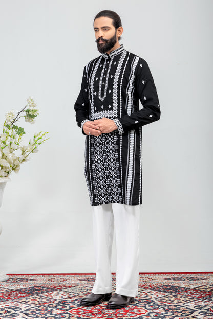 Classic Black & White Embroidered Men’s Kurta