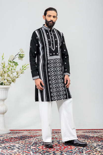 Classic Black & White Embroidered Men’s Kurta