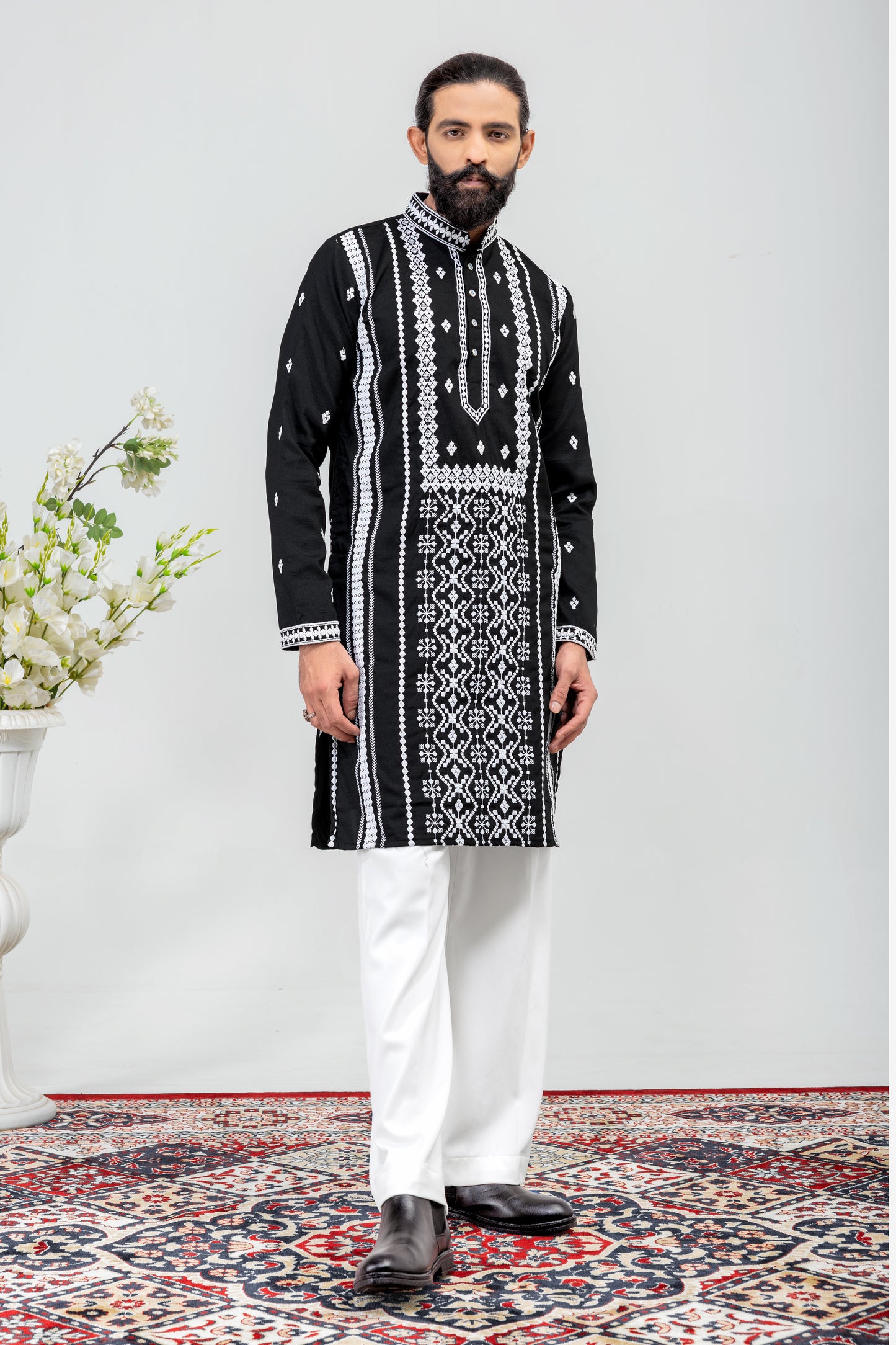 Classic Black & White Embroidered Men’s Kurta