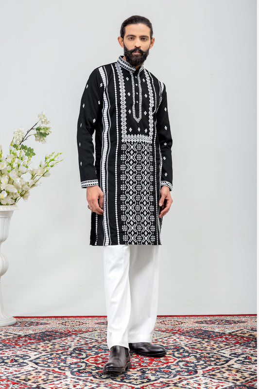 Classic Black & White Embroidered Men’s Kurta