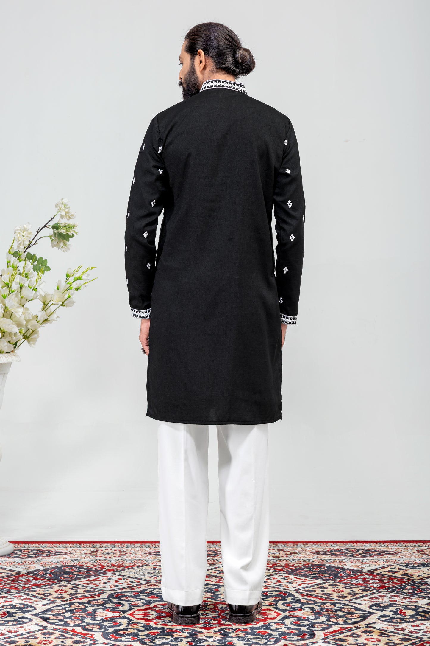 Classic Black & White Embroidered Men’s Kurta