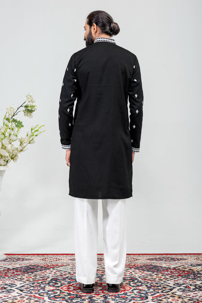 Classic Black & White Embroidered Men’s Kurta