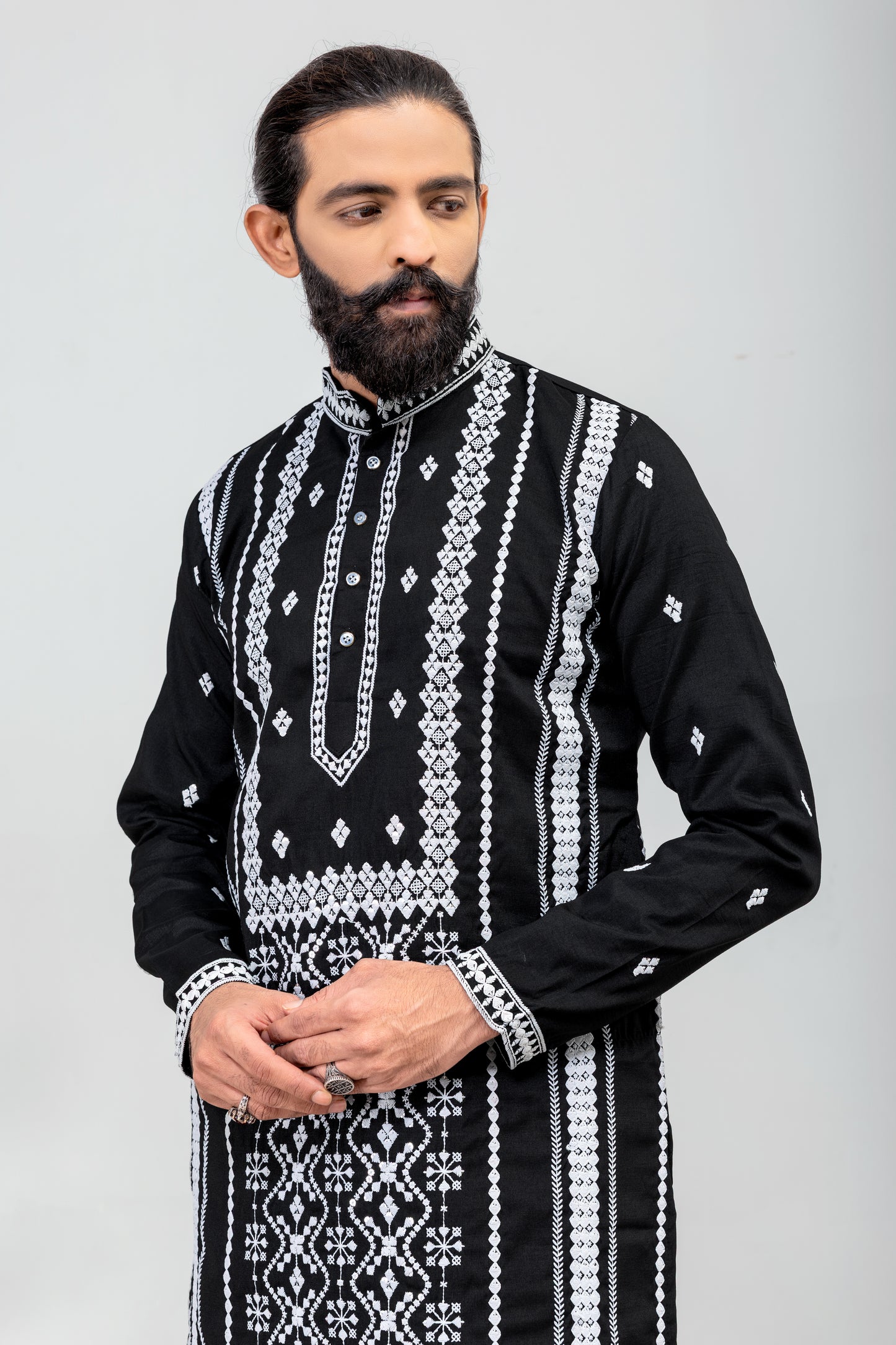 Classic Black & White Embroidered Men’s Kurta