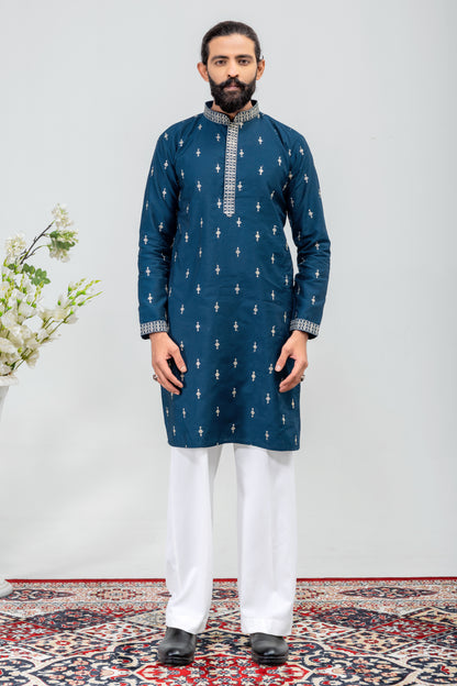 Elegant Navy Blue Embroidered Men’s Kurta
