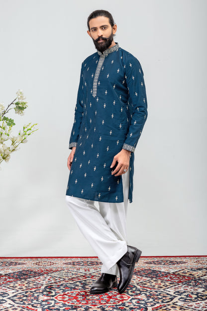 Elegant Navy Blue Embroidered Men’s Kurta