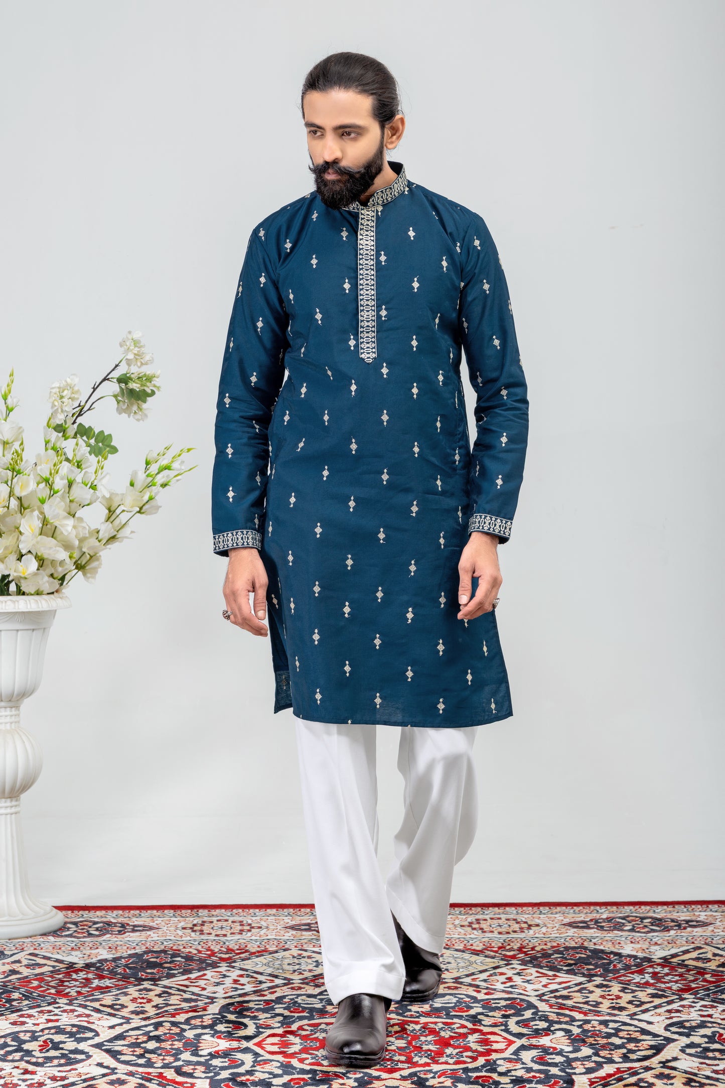 Elegant Navy Blue Embroidered Men’s Kurta
