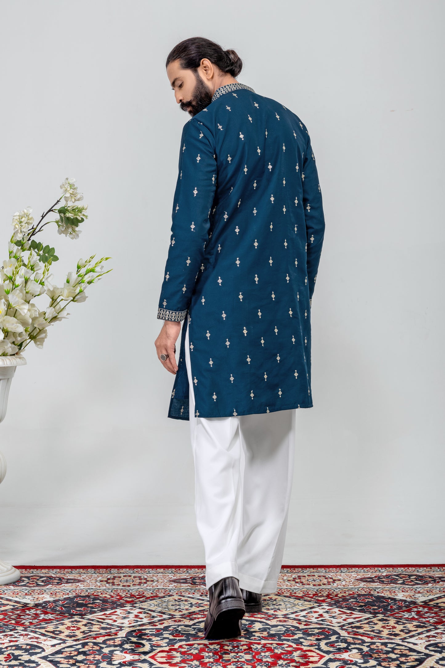 Elegant Navy Blue Embroidered Men’s Kurta