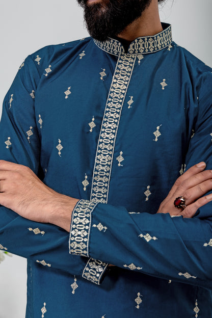 Elegant Navy Blue Embroidered Men’s Kurta