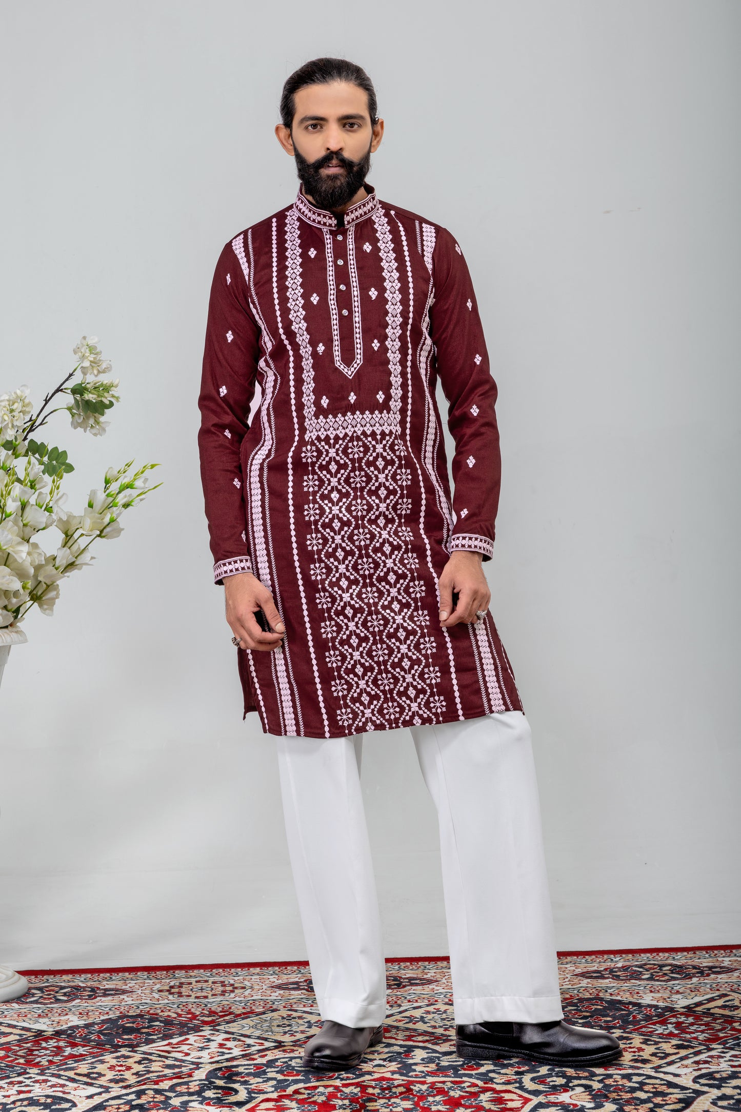 Maroon Embroidered Men’s Kurta