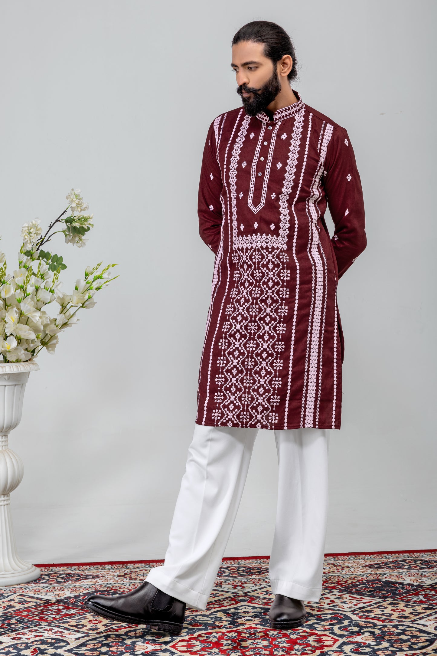 Maroon Embroidered Men’s Kurta