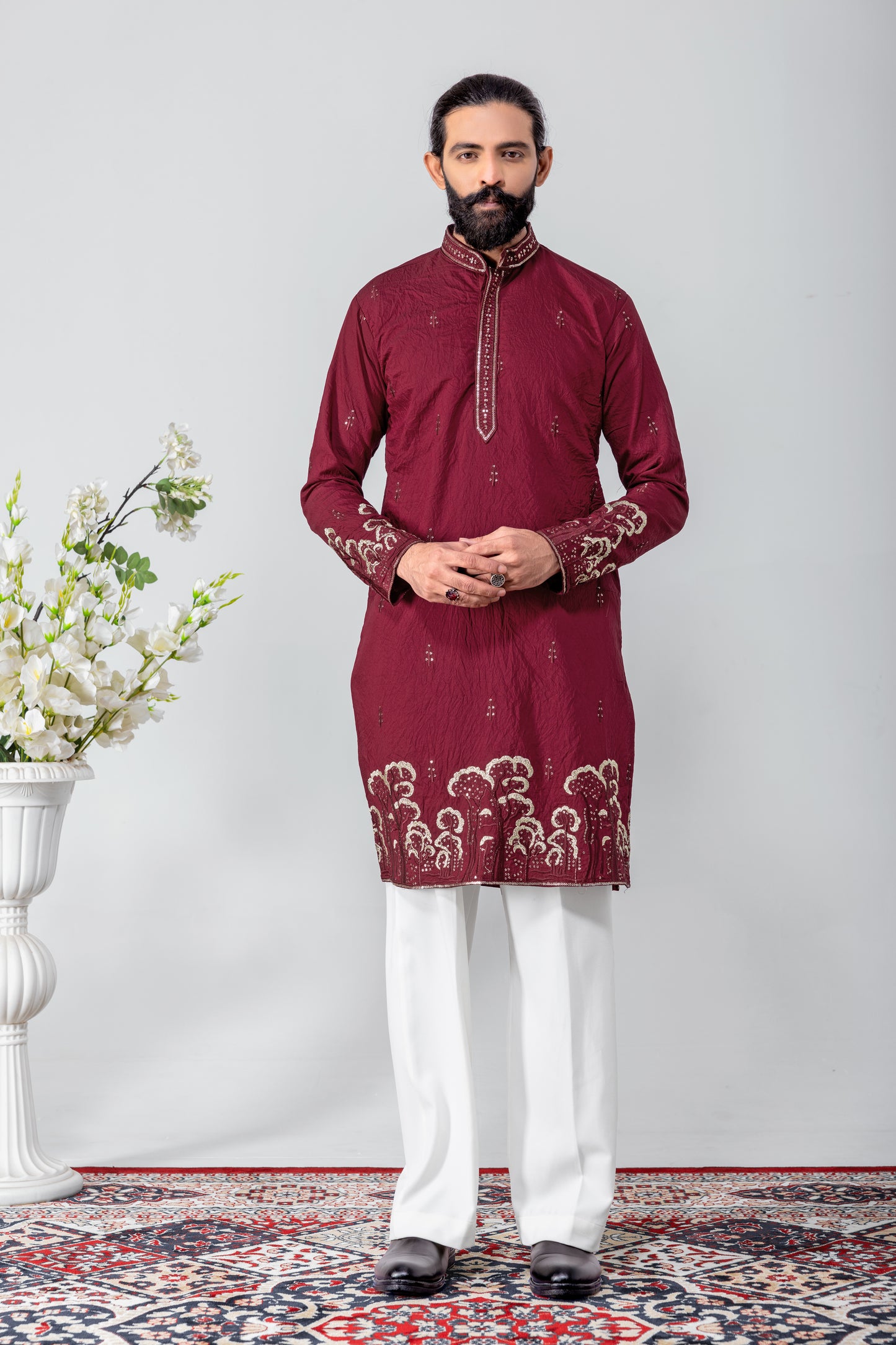 Royal Maroon Embroidered Men’s Kurta Pajama Set