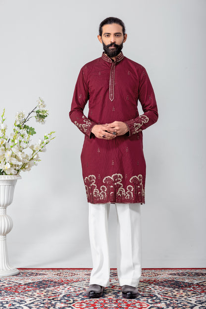Royal Maroon Embroidered Men’s Kurta Pajama Set