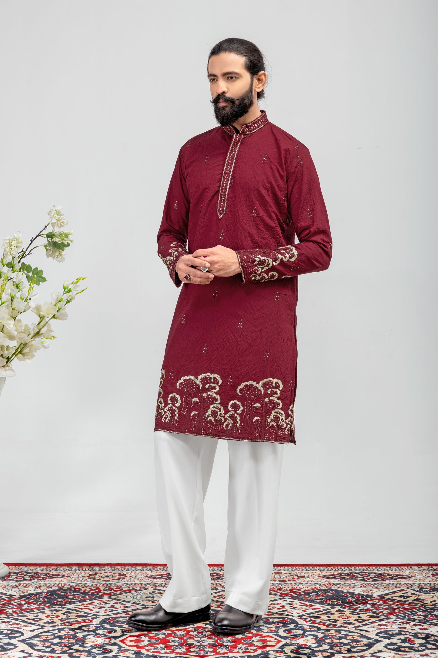 Royal Maroon Embroidered Men’s Kurta Pajama Set