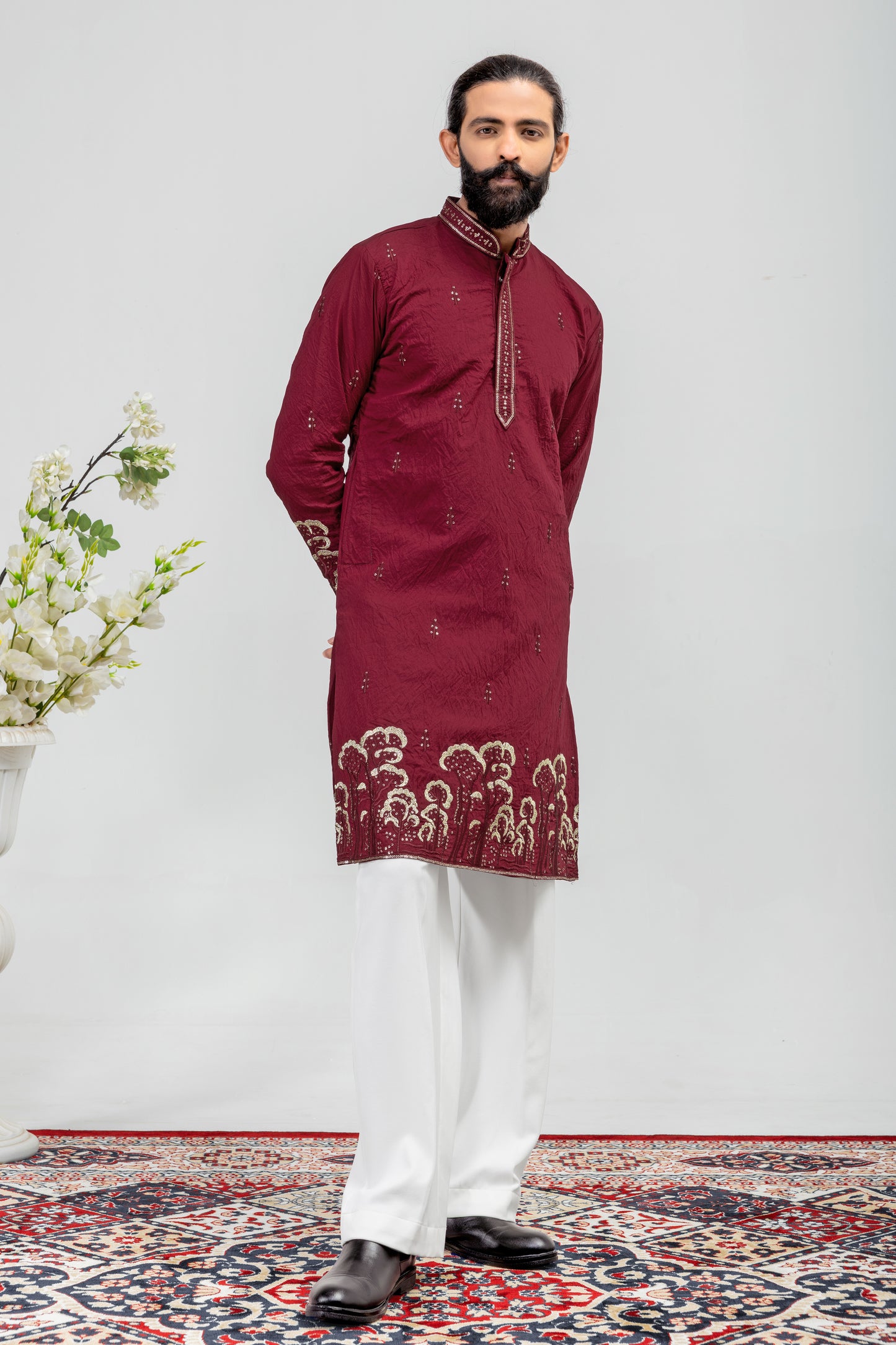 Royal Maroon Embroidered Men’s Kurta Pajama Set