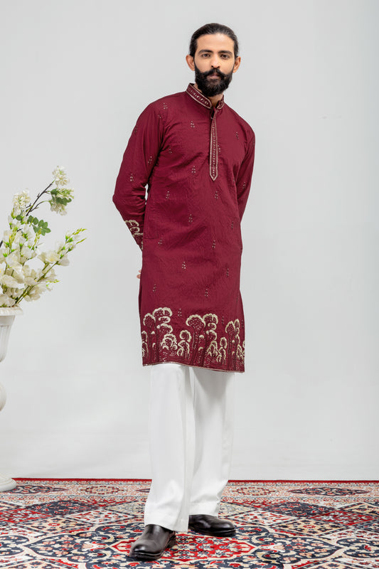 Royal Maroon Embroidered Men’s Kurta Pajama Set