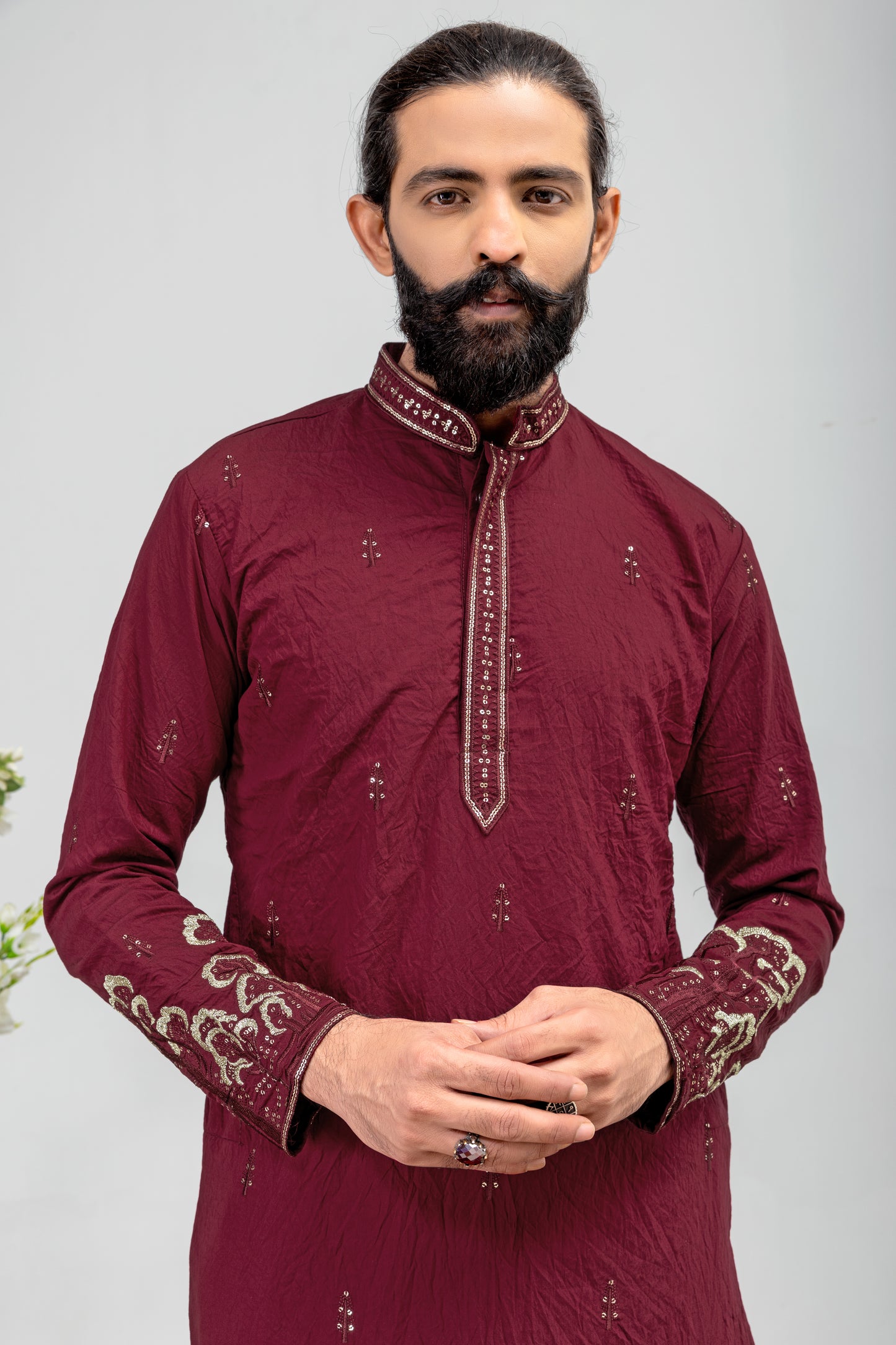 Royal Maroon Embroidered Men’s Kurta Pajama Set