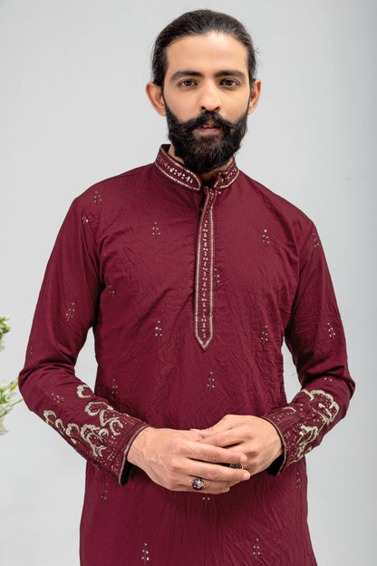 Royal Maroon Embroidered Men’s Kurta Pajama Set