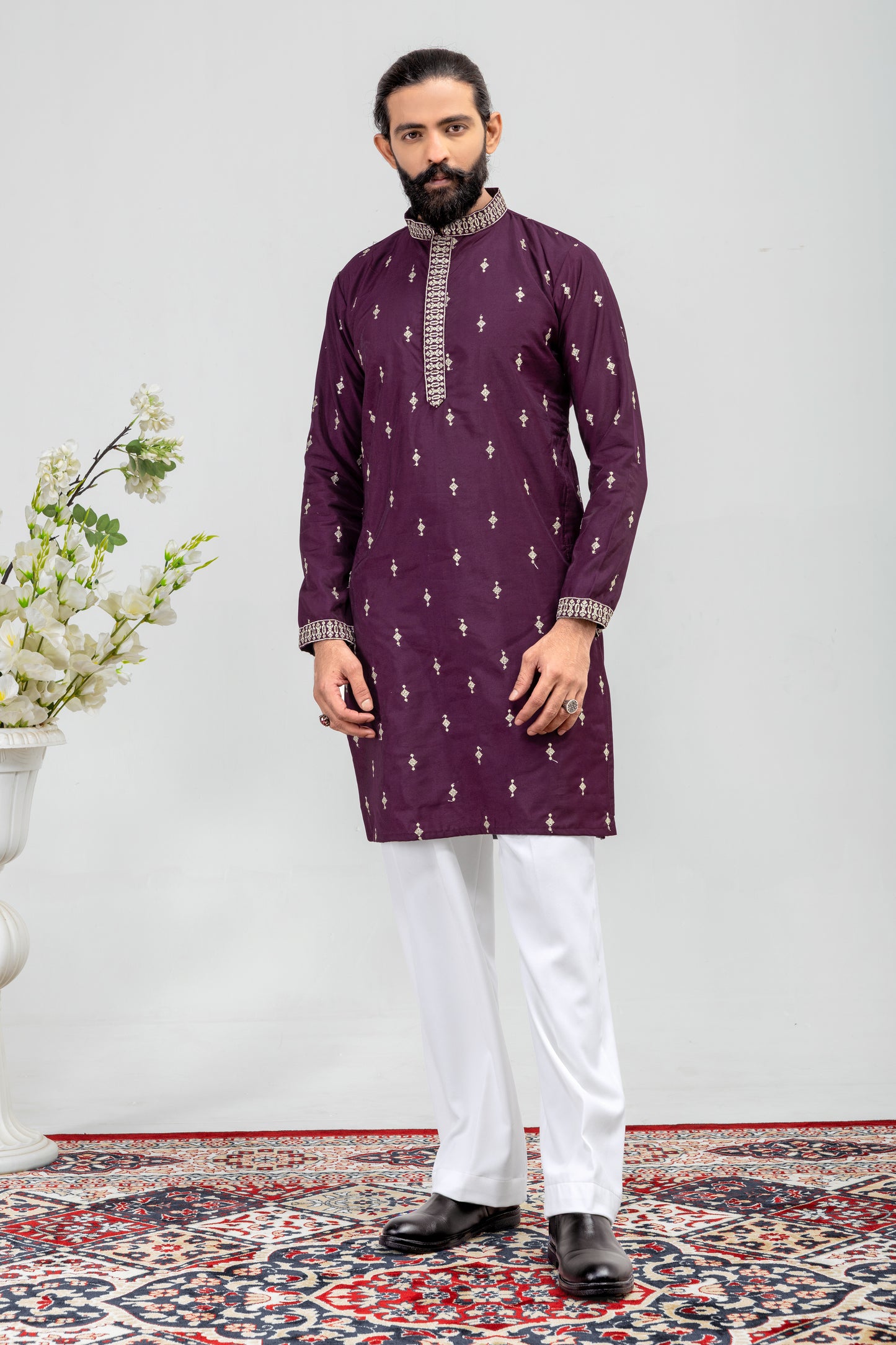 Elegant Plum Embroidered Men’s Kurta Pajama Set