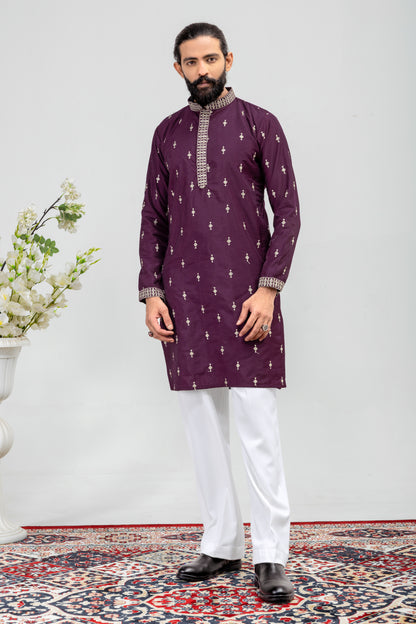 Elegant Plum Embroidered Men’s Kurta Pajama Set