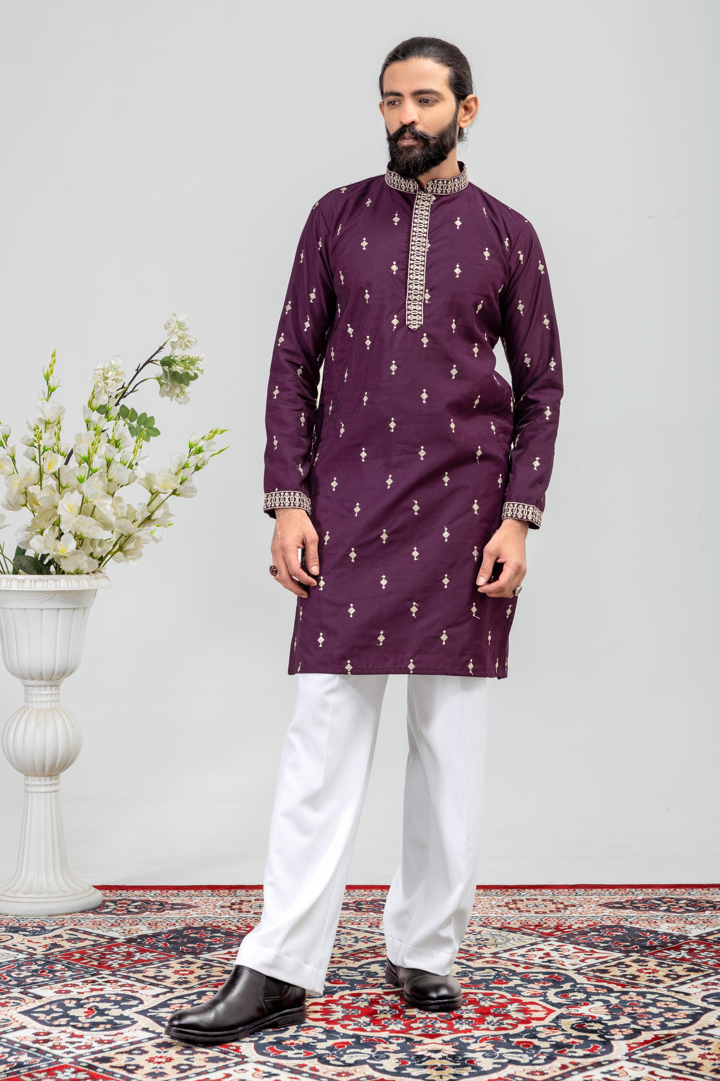 Elegant Plum Embroidered Men’s Kurta Pajama Set