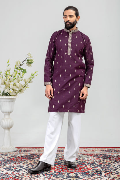 Elegant Plum Embroidered Men’s Kurta Pajama Set