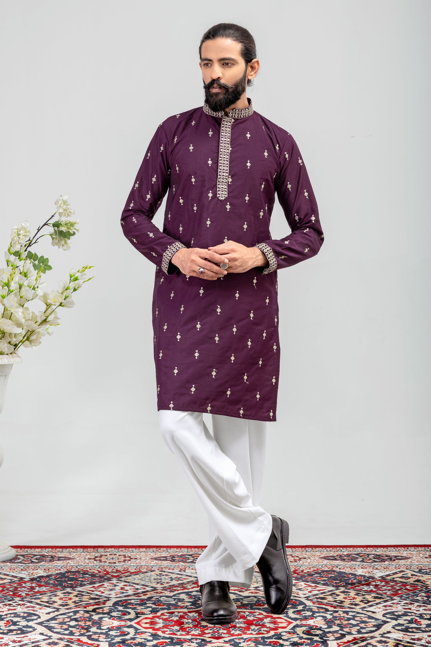 Elegant Plum Embroidered Men’s Kurta Pajama Set