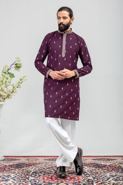 Elegant Plum Embroidered Men’s Kurta Pajama Set