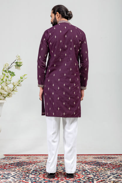 Elegant Plum Embroidered Men’s Kurta Pajama Set