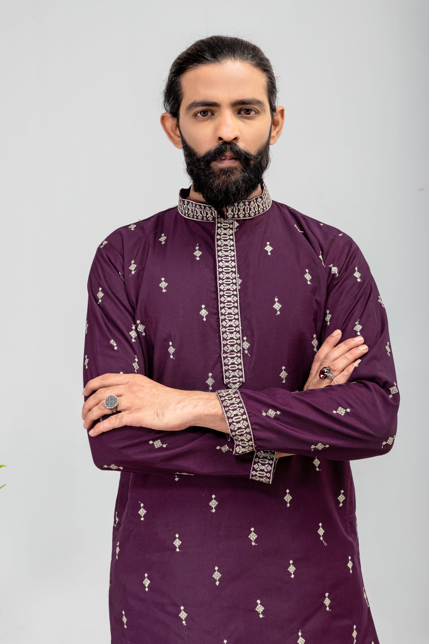 Elegant Plum Embroidered Men’s Kurta Pajama Set