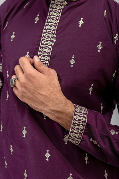 Elegant Plum Embroidered Men’s Kurta Pajama Set