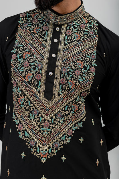 Luxury Black Embroidered Men’s Kurta Pajama Set
