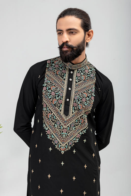 Luxury Black Embroidered Men’s Kurta Pajama Set