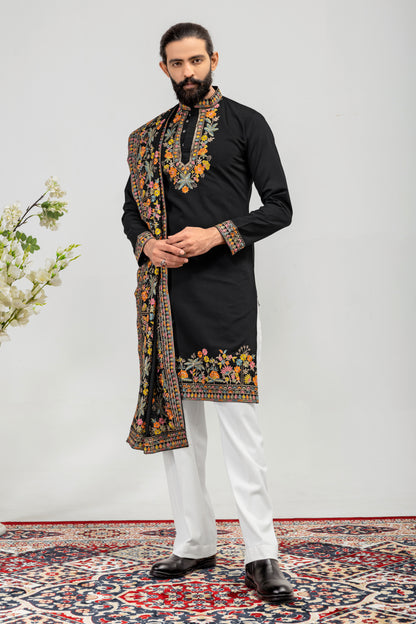 Midnight Noir Floral Embroidered Men’s Kurta Set with Shawl