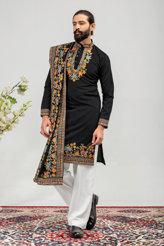Midnight Noir Floral Embroidered Men’s Kurta Set with Shawl