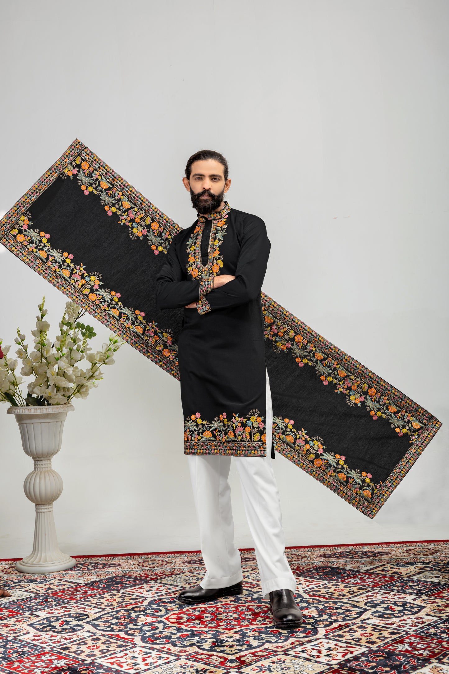 Midnight Noir Floral Embroidered Men’s Kurta Set with Shawl