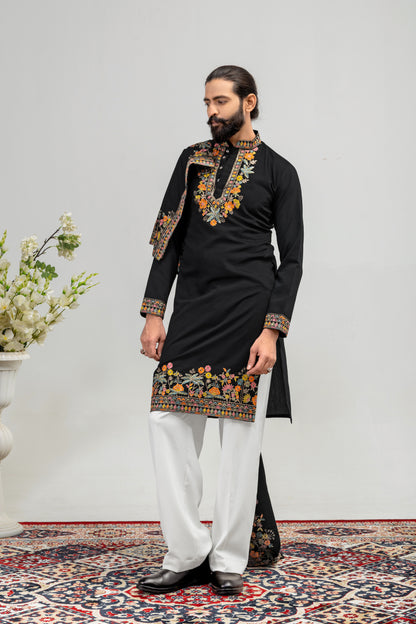 Midnight Noir Floral Embroidered Men’s Kurta Set with Shawl