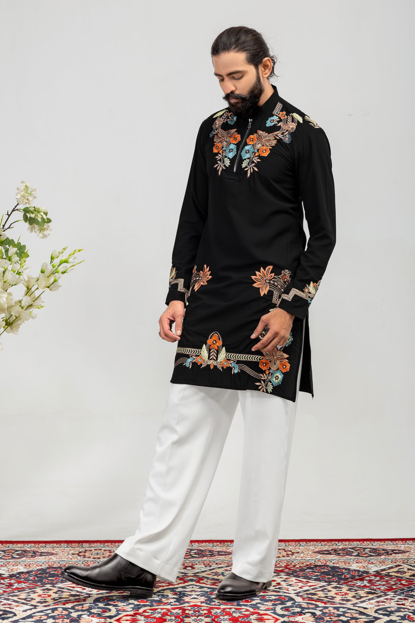 Midnight Bloom Embroidered Men’s Kurta