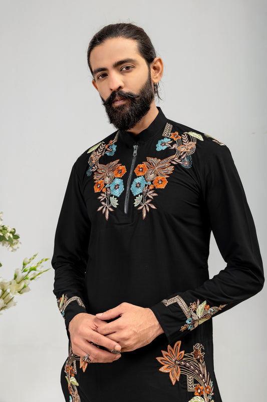 Midnight Bloom Embroidered Men’s Kurta