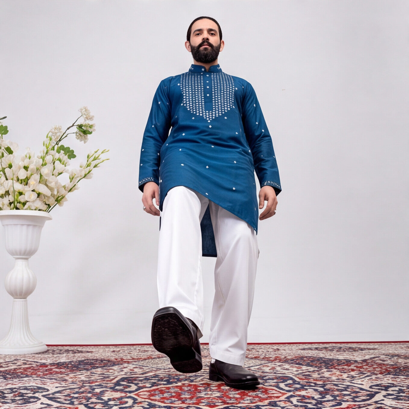 Men's Royal Blue Embroidered Kurta Set